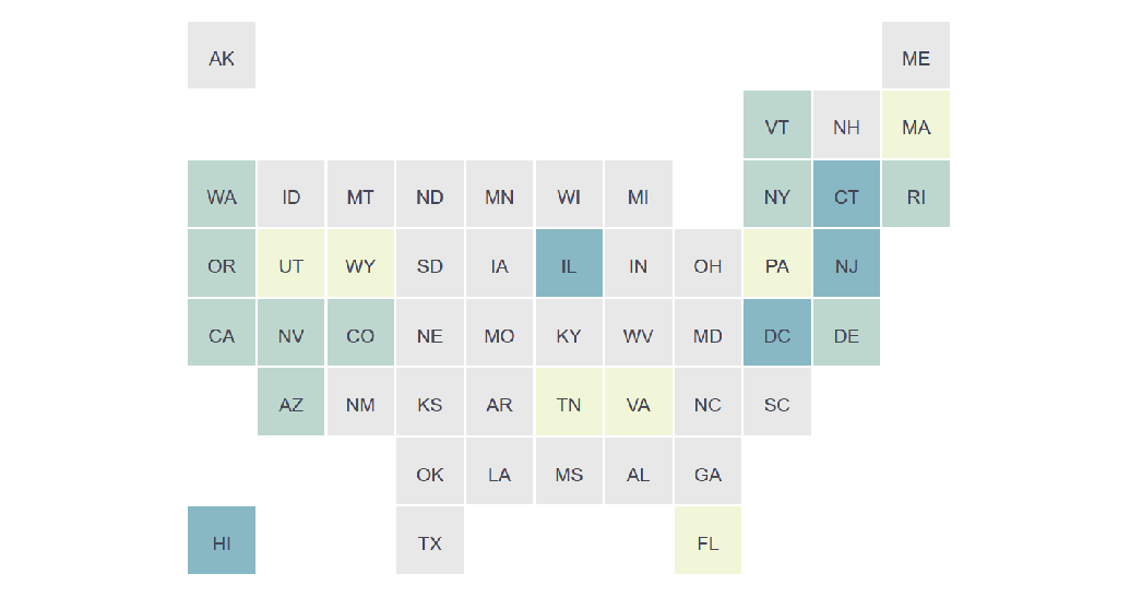 A map of the United States that shows where background check laws were in effect in 2019.