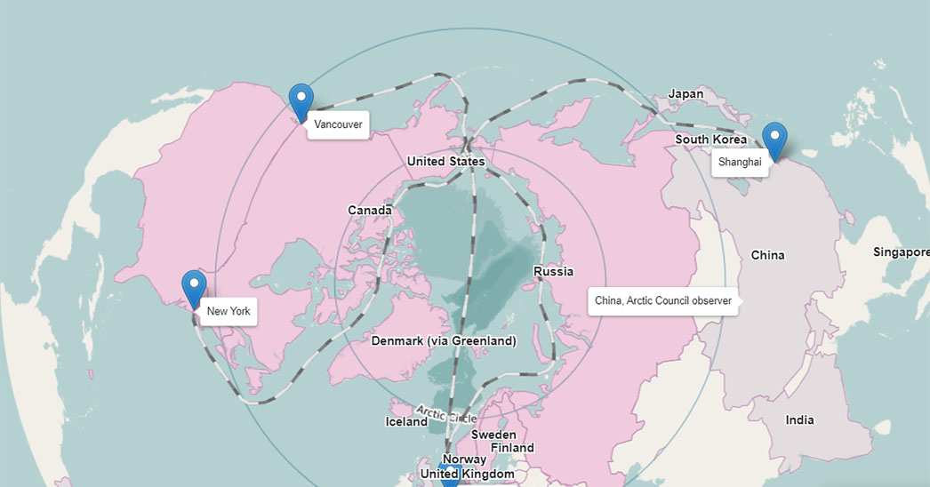 A portion of a map that shows Arctic Council states and observer countries.