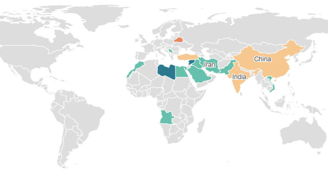 A portion of a map that shows where Russian weapons are marketed and sold.